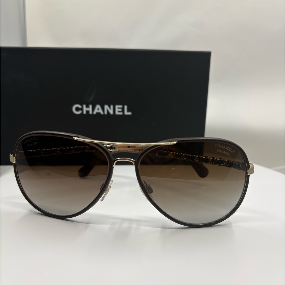 CHANEL Black and Gold Aviator Sunglasses